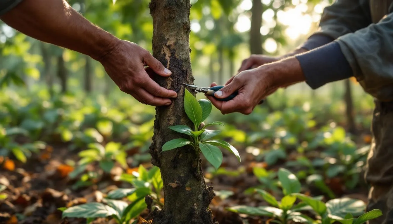 Plantación de caucho con injerto preciso al
