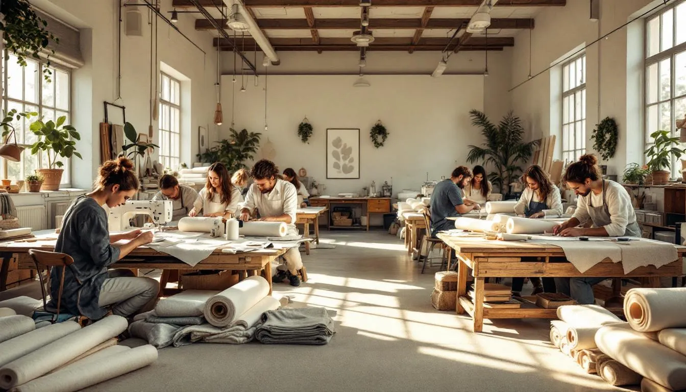 Taller artesanal luminoso con telas de algodón