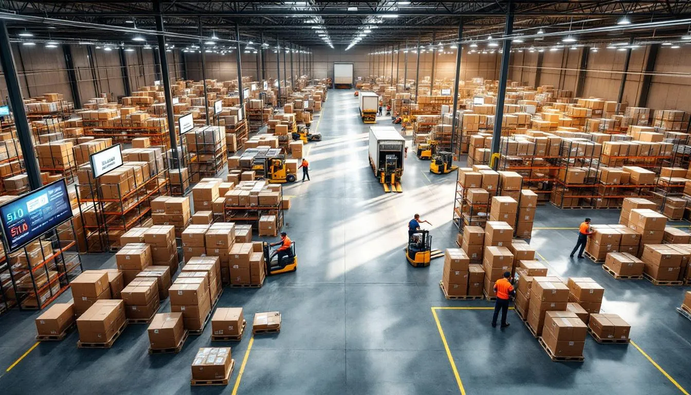 Almacén logístico con suministros médicos y operarios