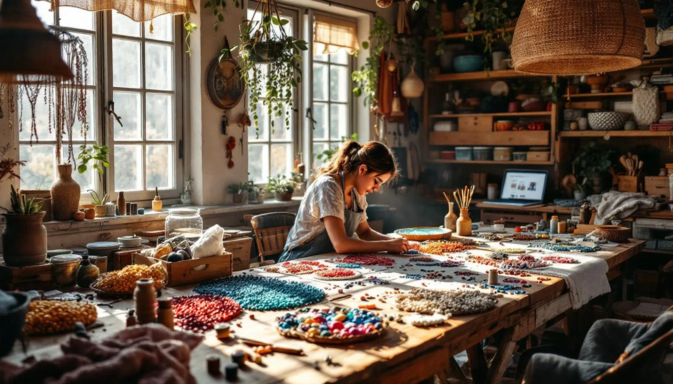 Taller artesanal acogedor con cuentas coloridas