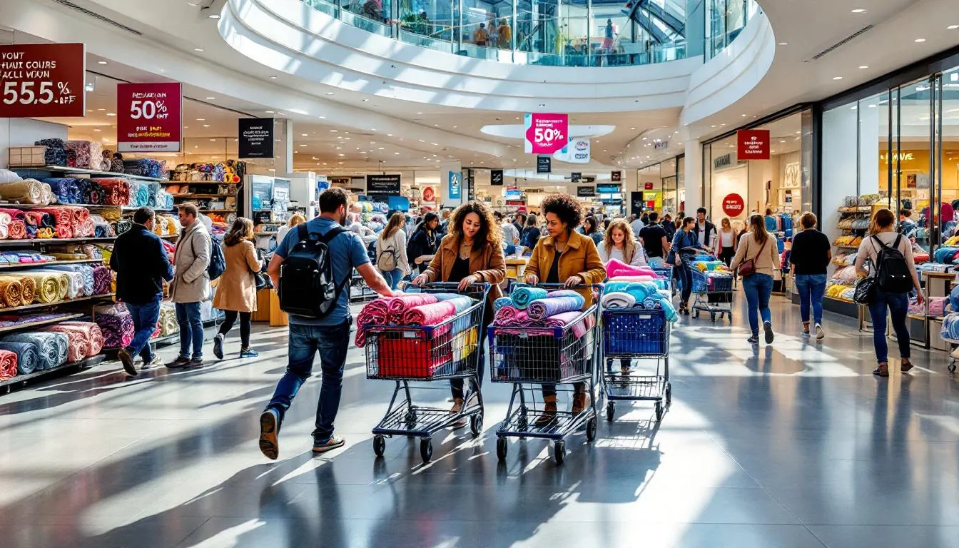 Interior moderno de centro comercial con compradores