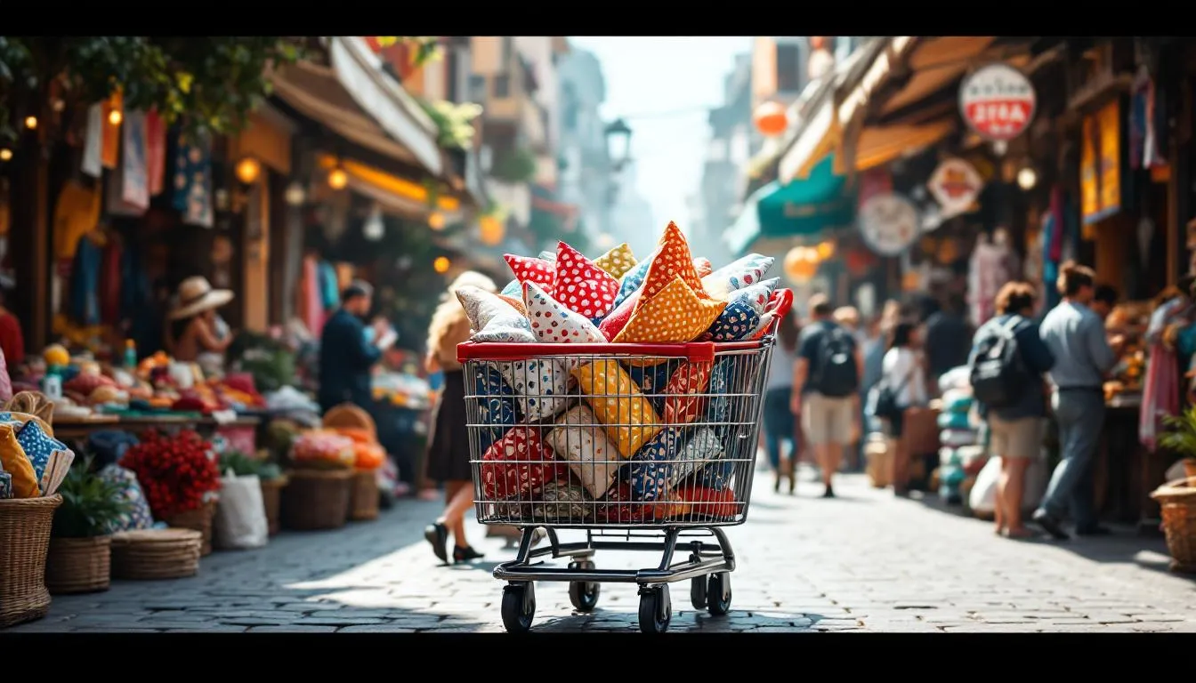 Mercado animado con carrito de compras lleno