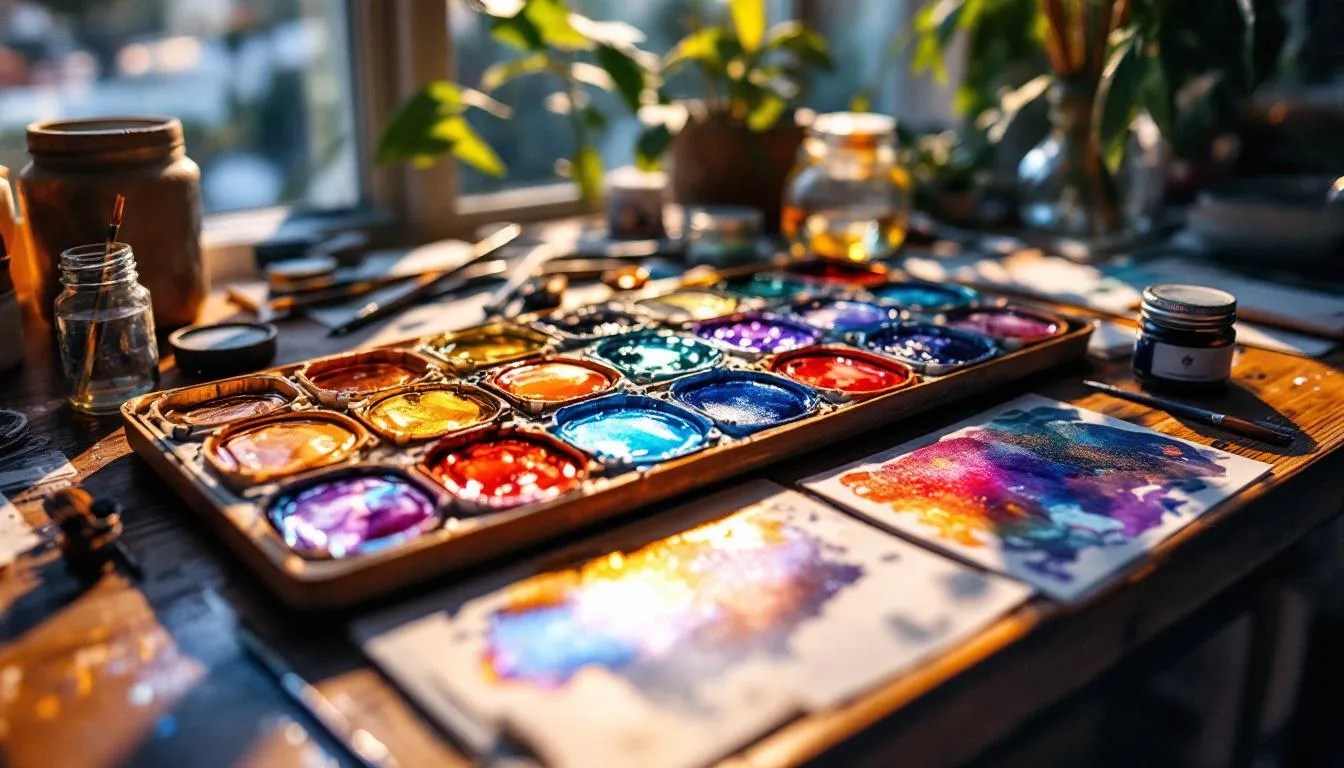 Paleta de acuarelas metálicas en estudio artístico