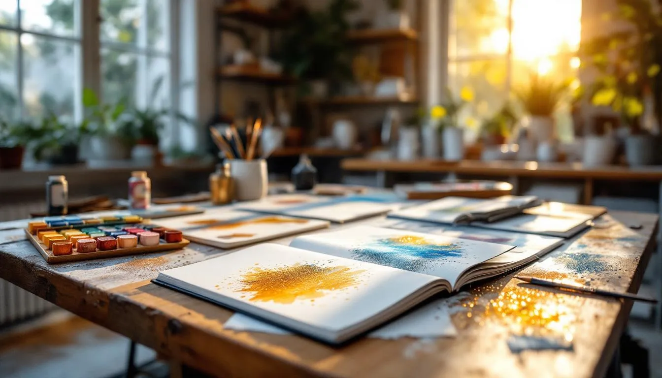 Estudio artístico iluminado con acuarelas metálicas