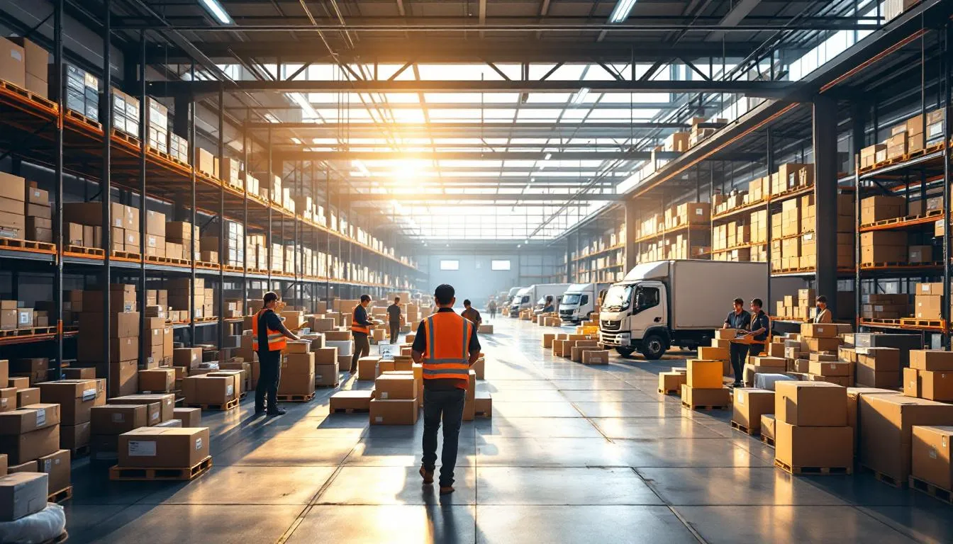 Almacén moderno con trabajadores y paquetes