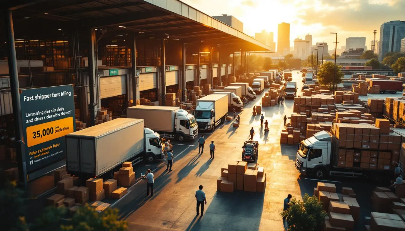 Centro de reparto urbano moderno al atardecer