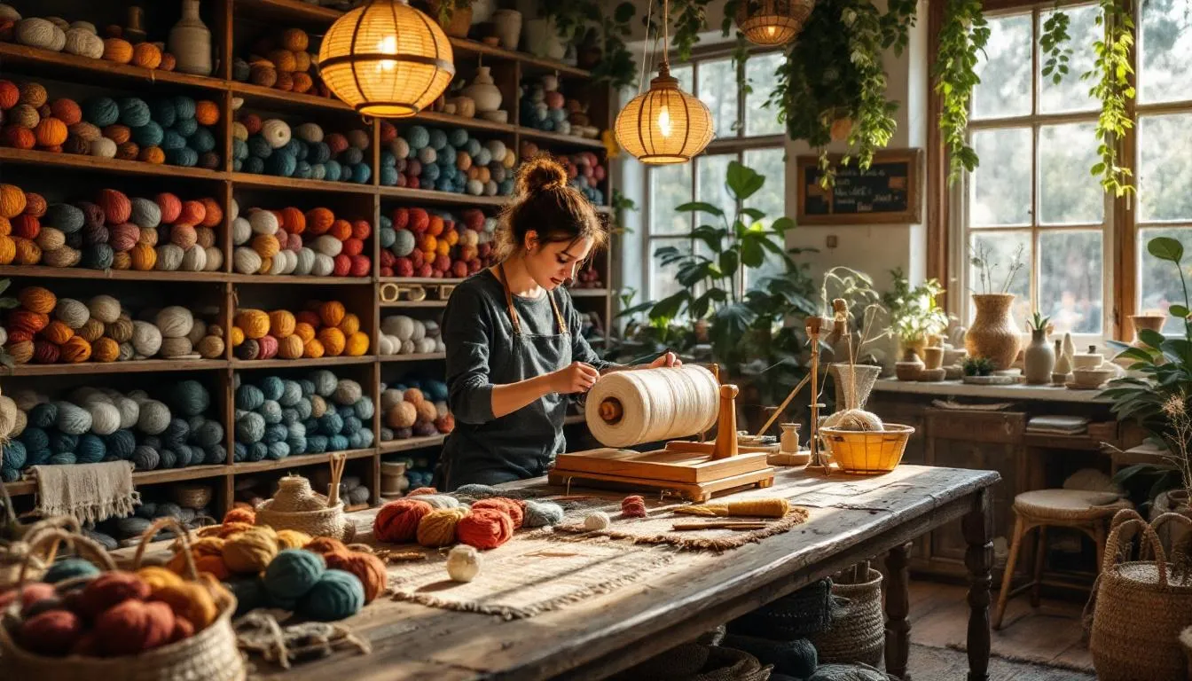 Taller artesanal iluminado con ovillos naturales