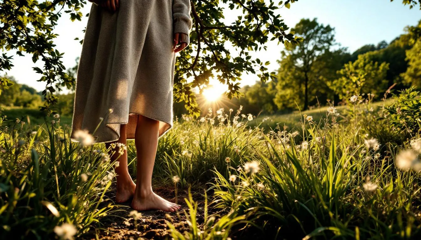 Mujer en pradera verde con suéter ecológico