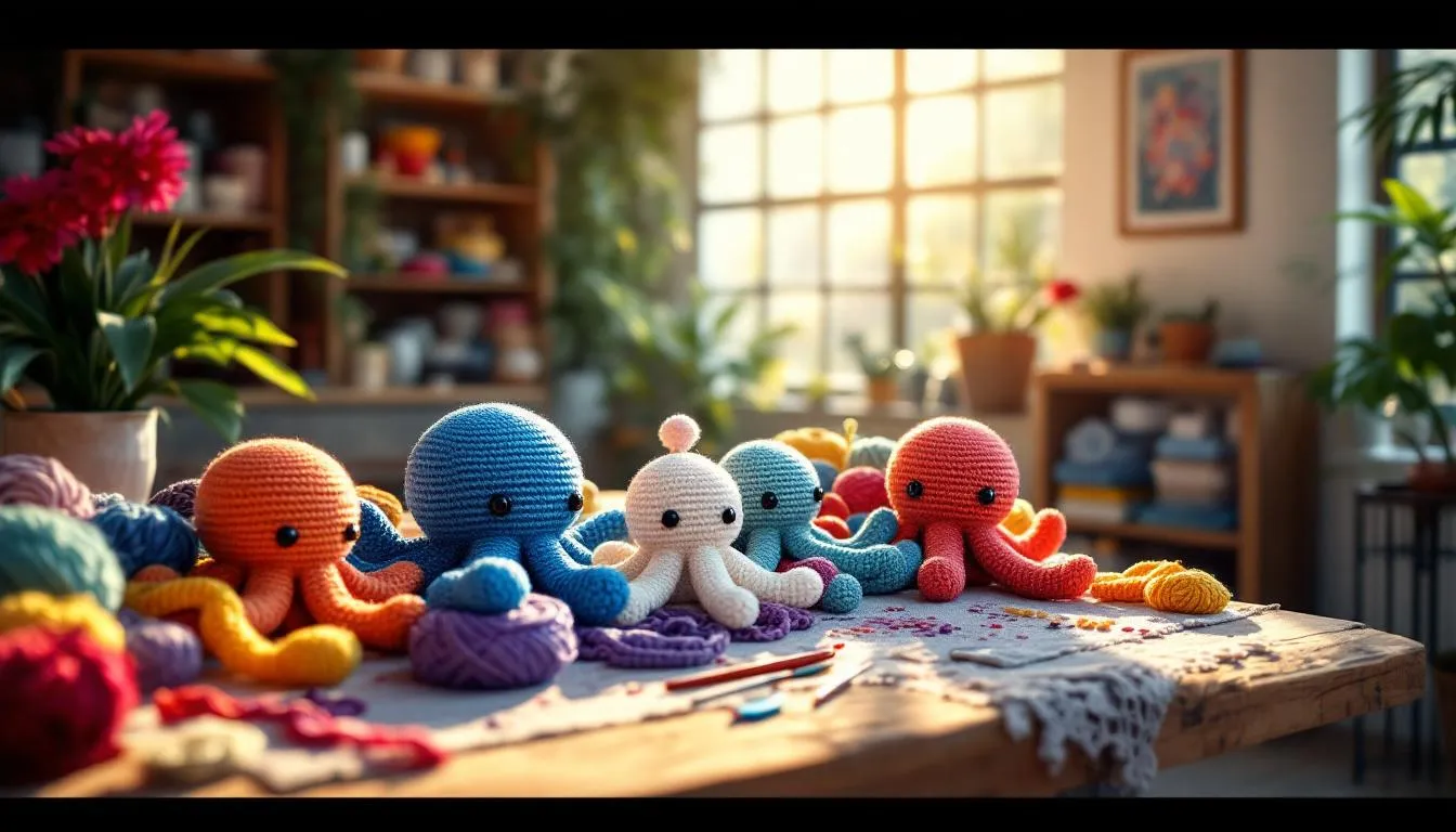 Sala de manualidades con amigurumis coloridos