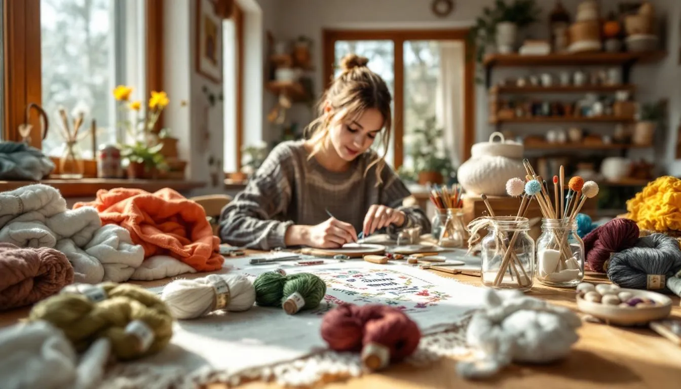 Sala de manualidades luminosa con bordados coloridos