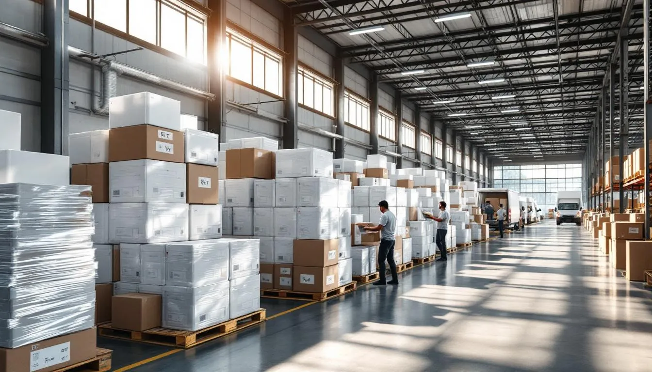 Almacén logístico moderno con palets y camiones
