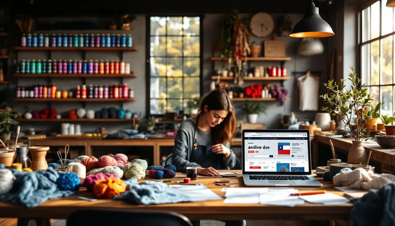 Taller artesanal moderno con tintes y laptop