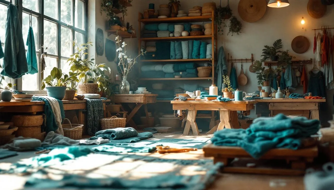Taller artesanal con telas turquesas y herramientas