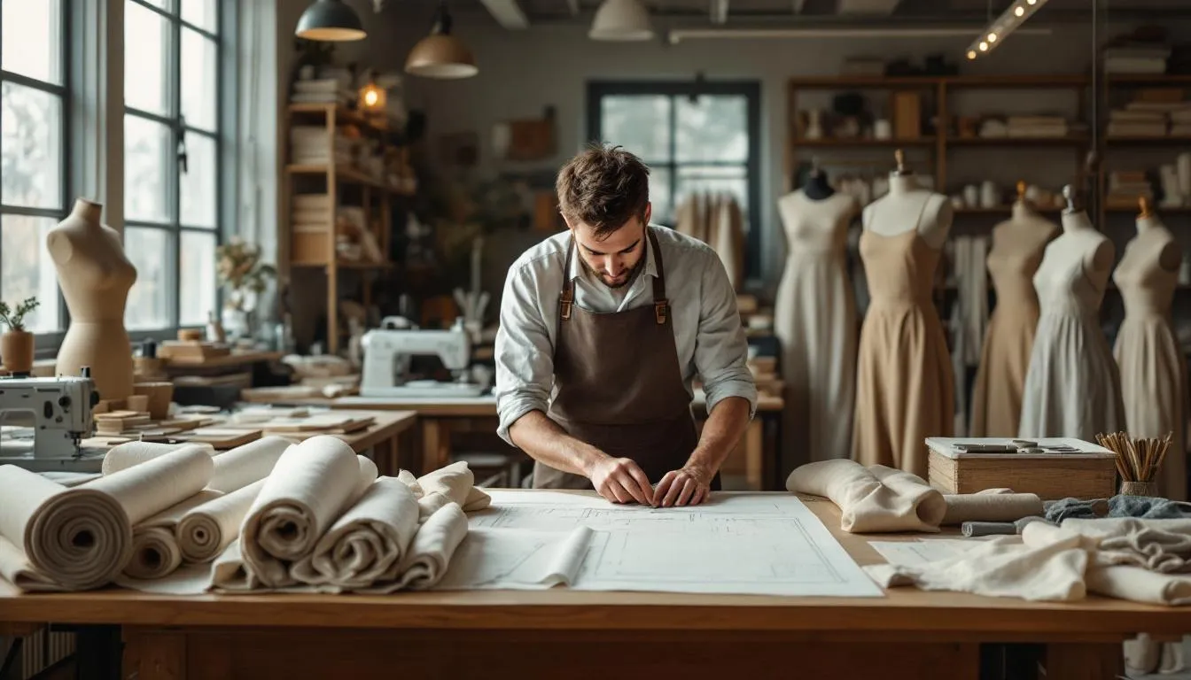 Taller moderno de sastrería con pantalones harem
