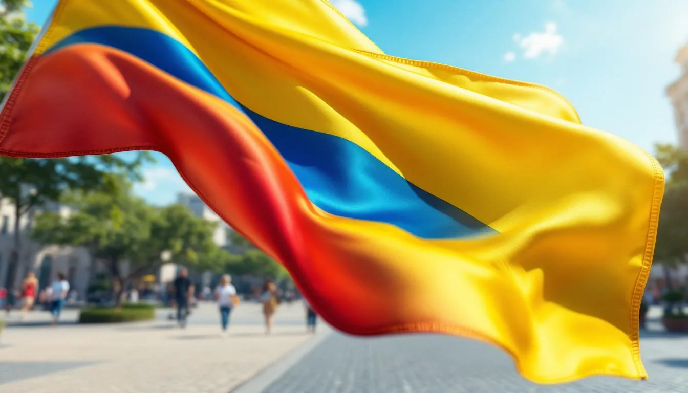 Bandera de Colombia ondeando en plaza soleada
