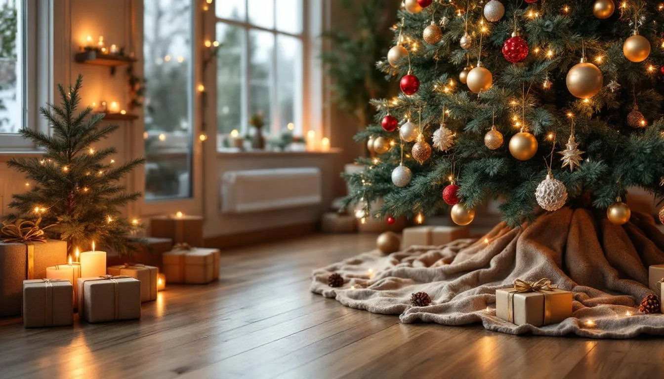 Salón acogedor con árbol de Navidad decorado