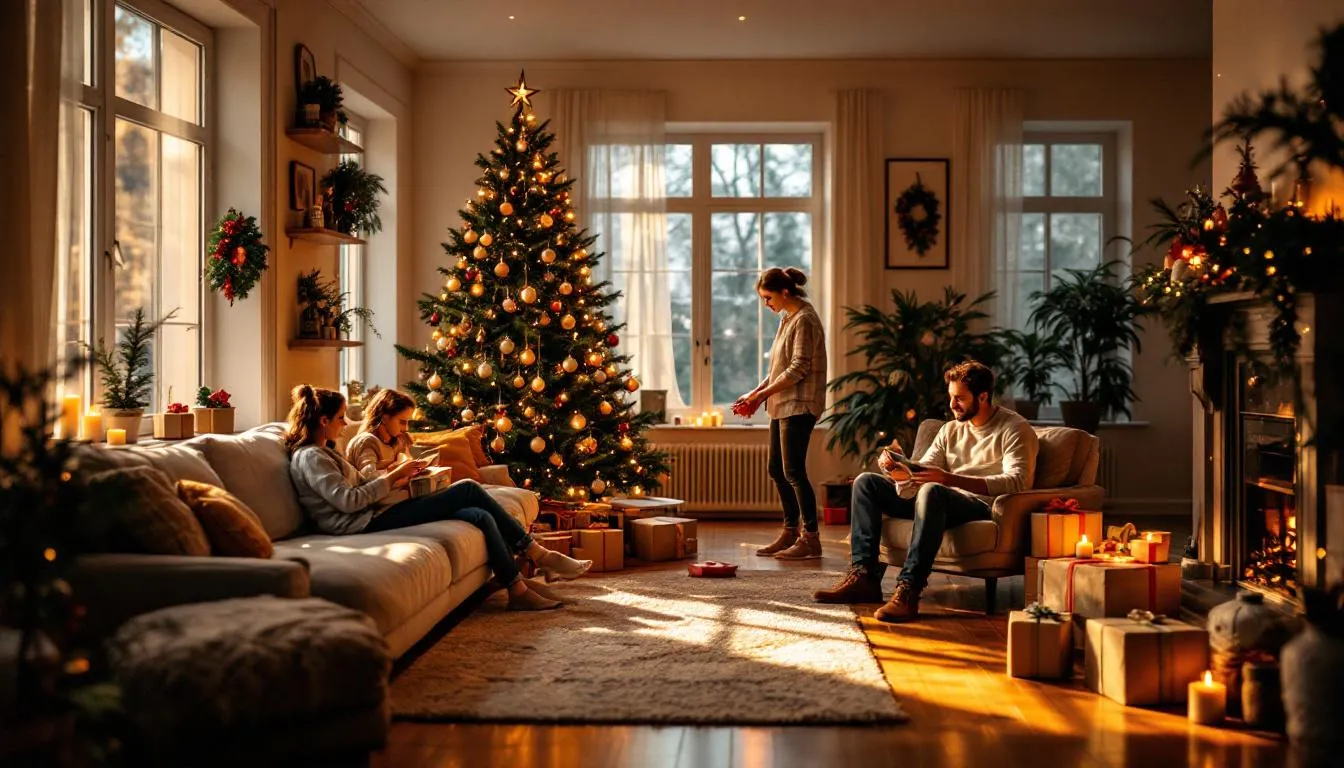 Salón acogedor decorado para Navidad