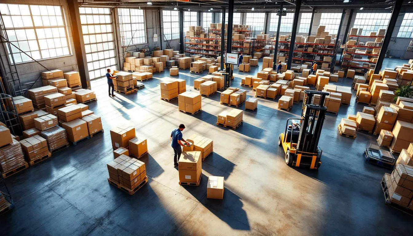 Almacén de envíos activo con trabajadores