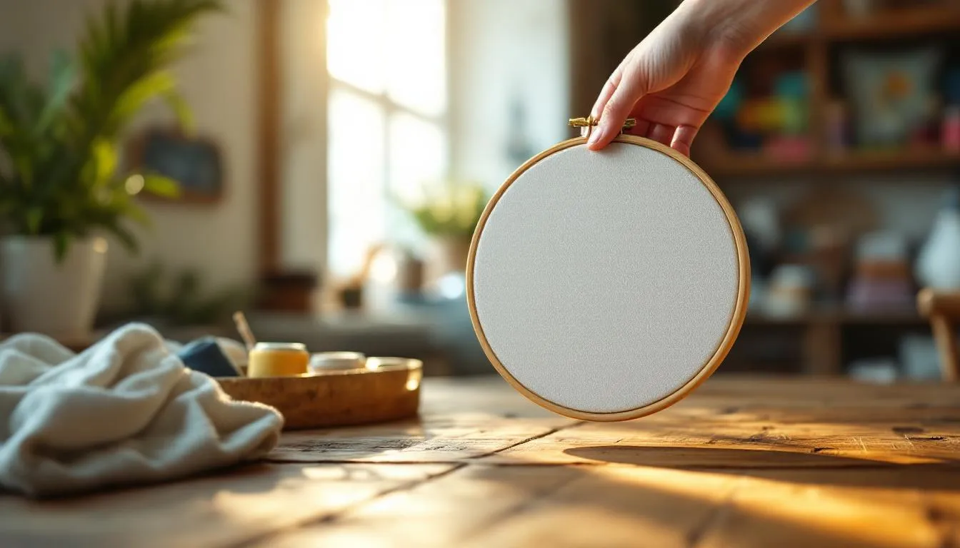 Aro de bordado en mesa rústica