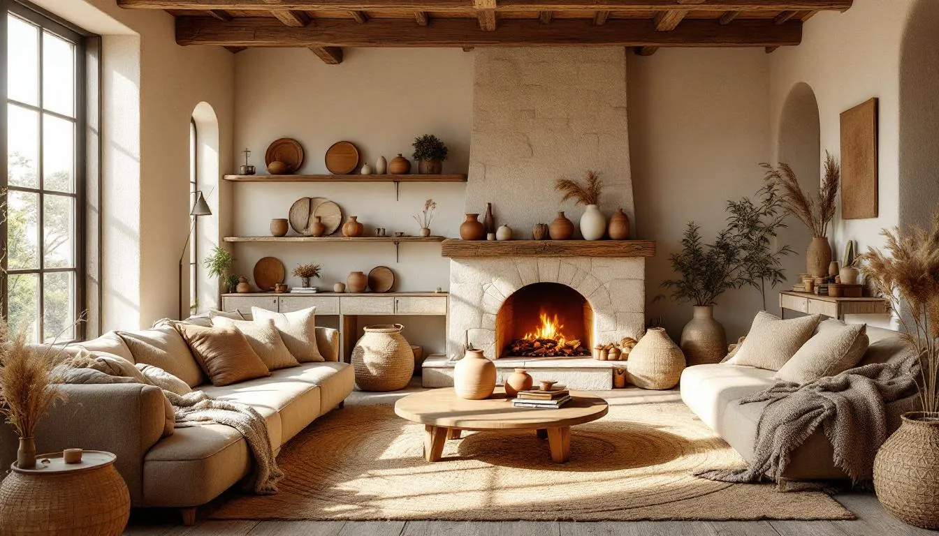 Salón rústico acogedor con chimenea y luz