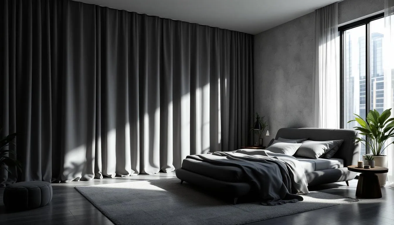 Dormitorio moderno con cortinas opacas cerradas