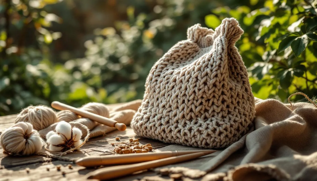 Bolso artesanal sostenible en mesa rústica