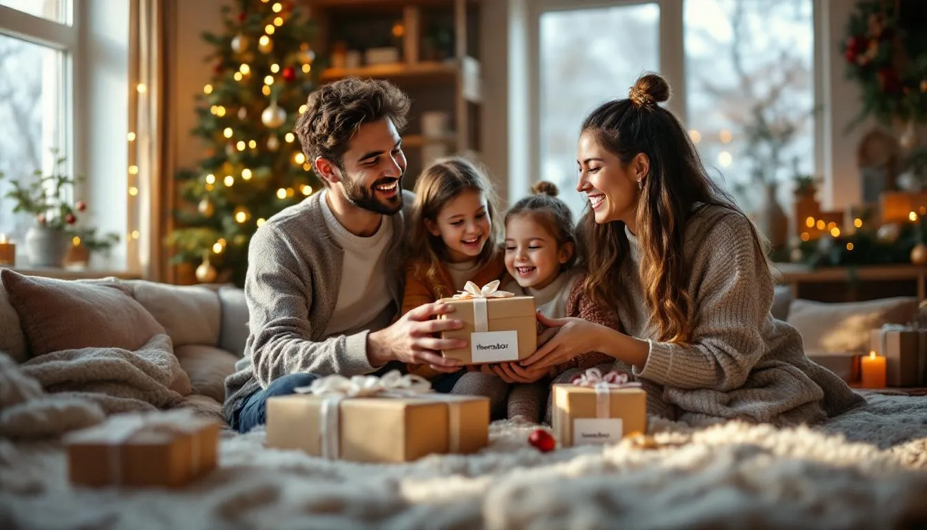 Familia feliz con regalos navideños acogedores