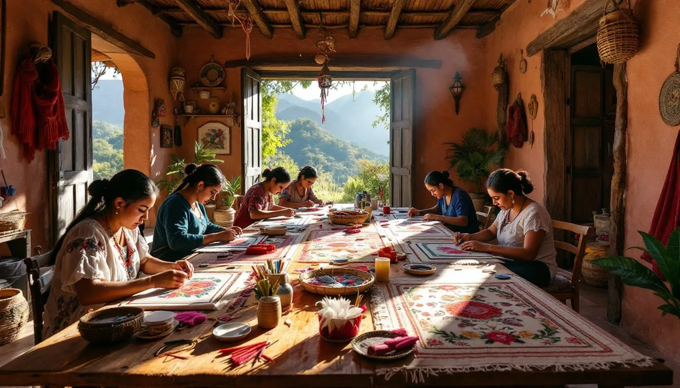 Taller tradicional de bordado mexicano colorido