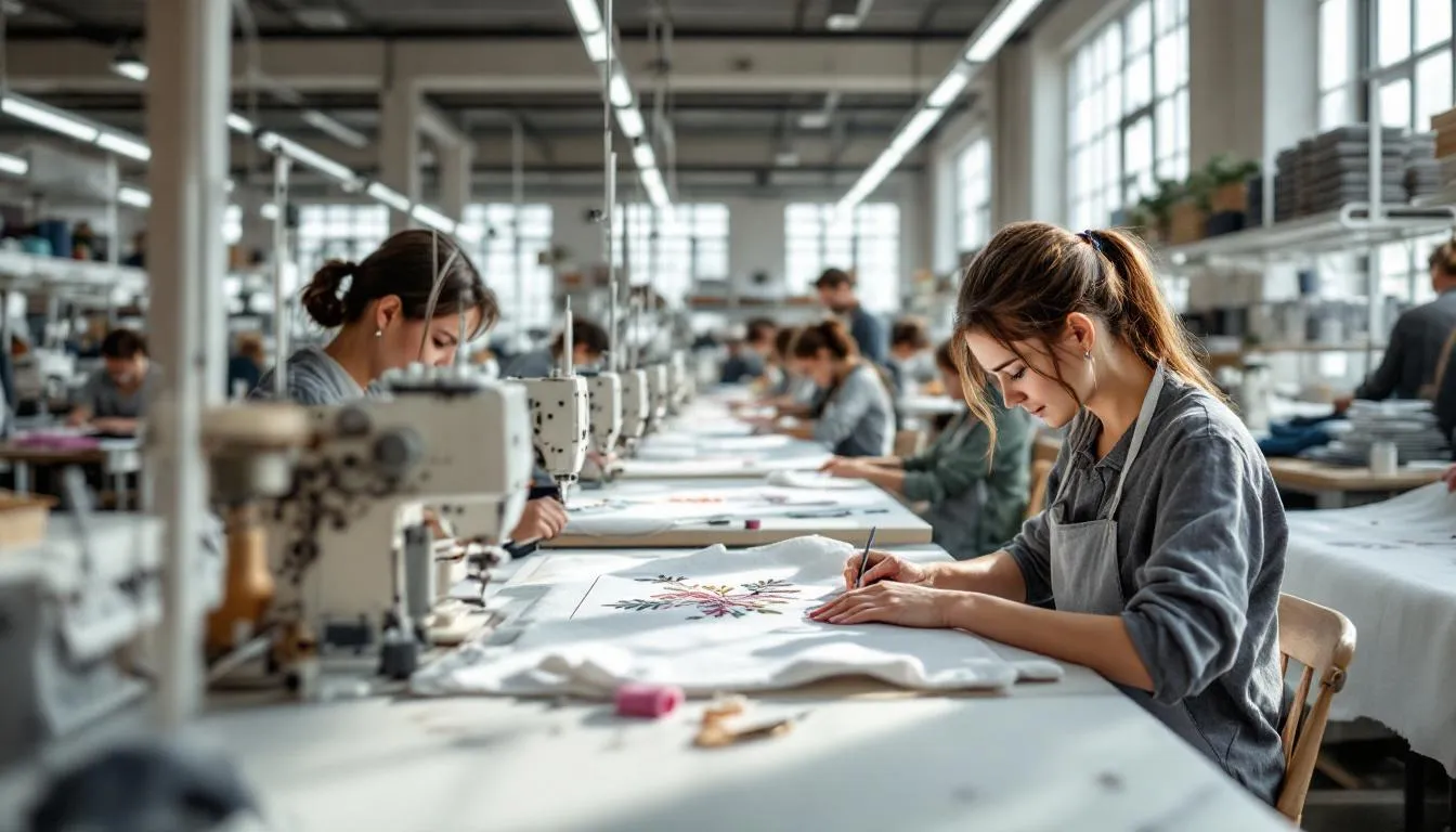 Taller moderno de bordado con artesanos trabajando