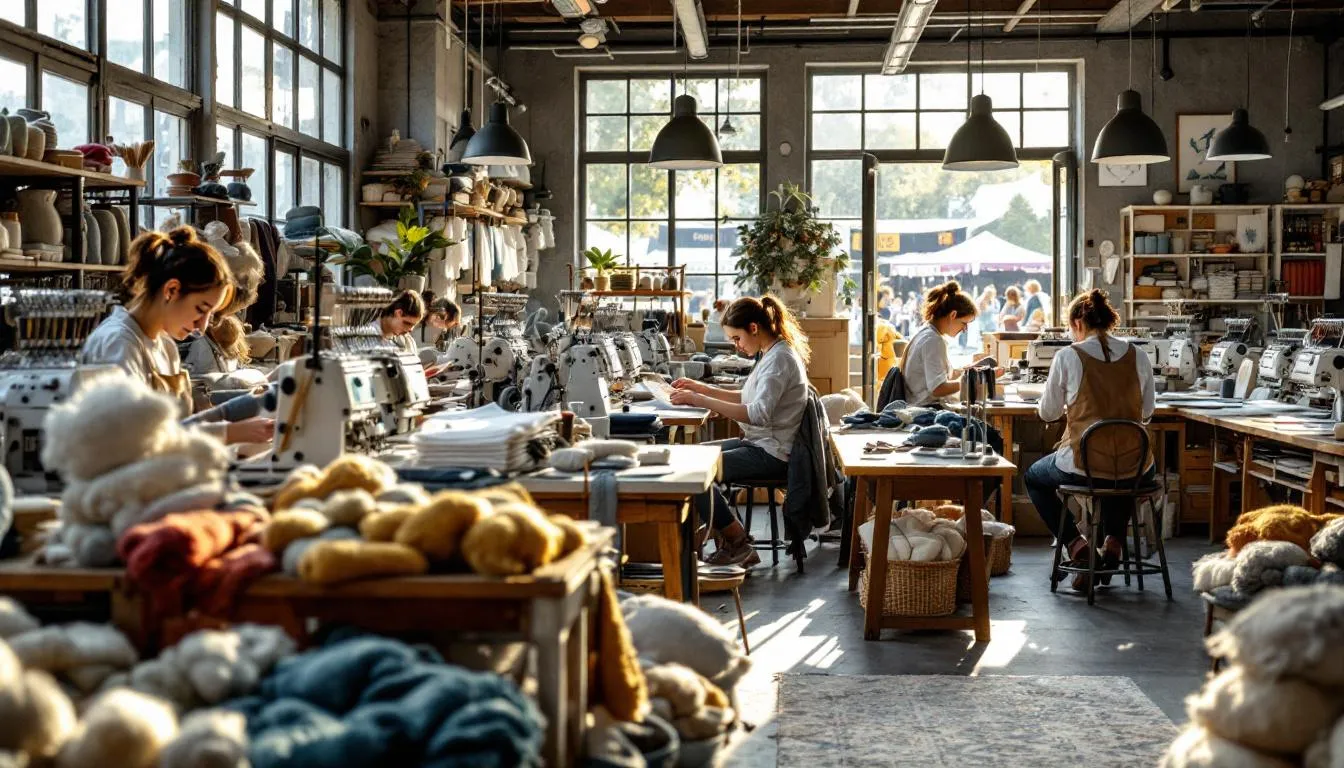 Taller moderno de bordado con artesanos trabajando