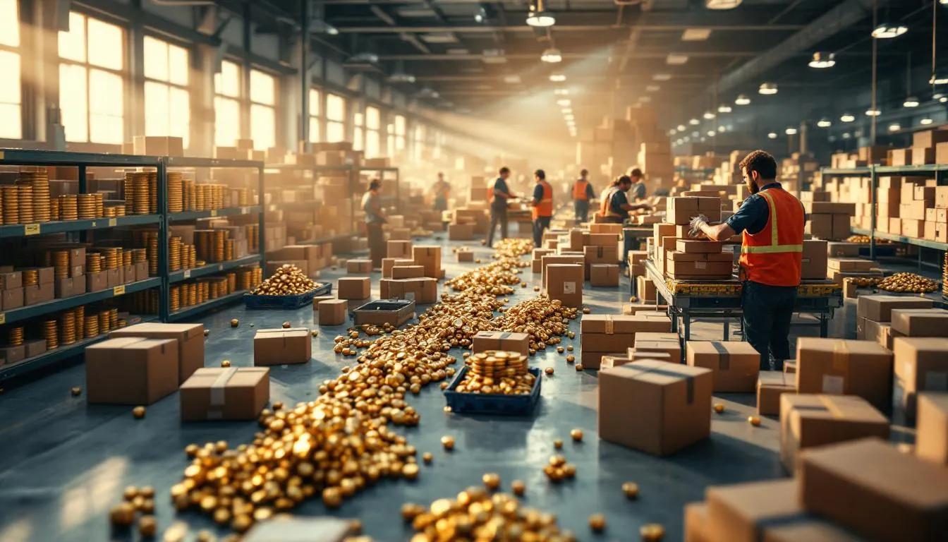 Almacén organizado con botones dorados y trabajadores