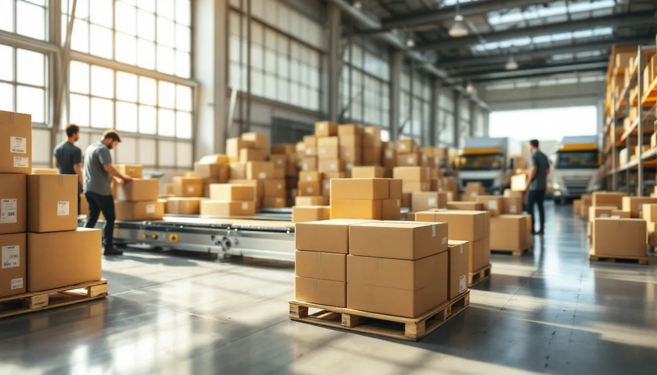 Almacén moderno con paquetes y trabajadores