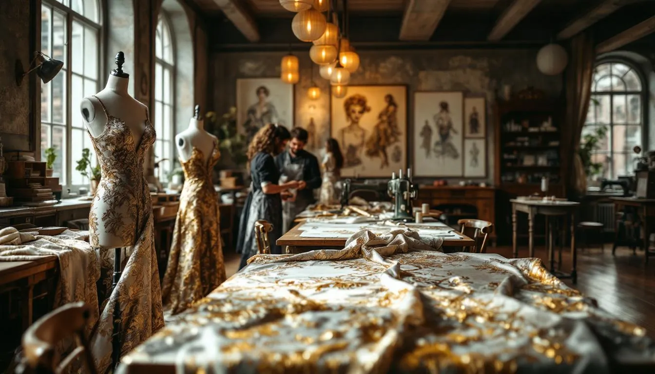 Atelier de alta costura con brocados lujosos