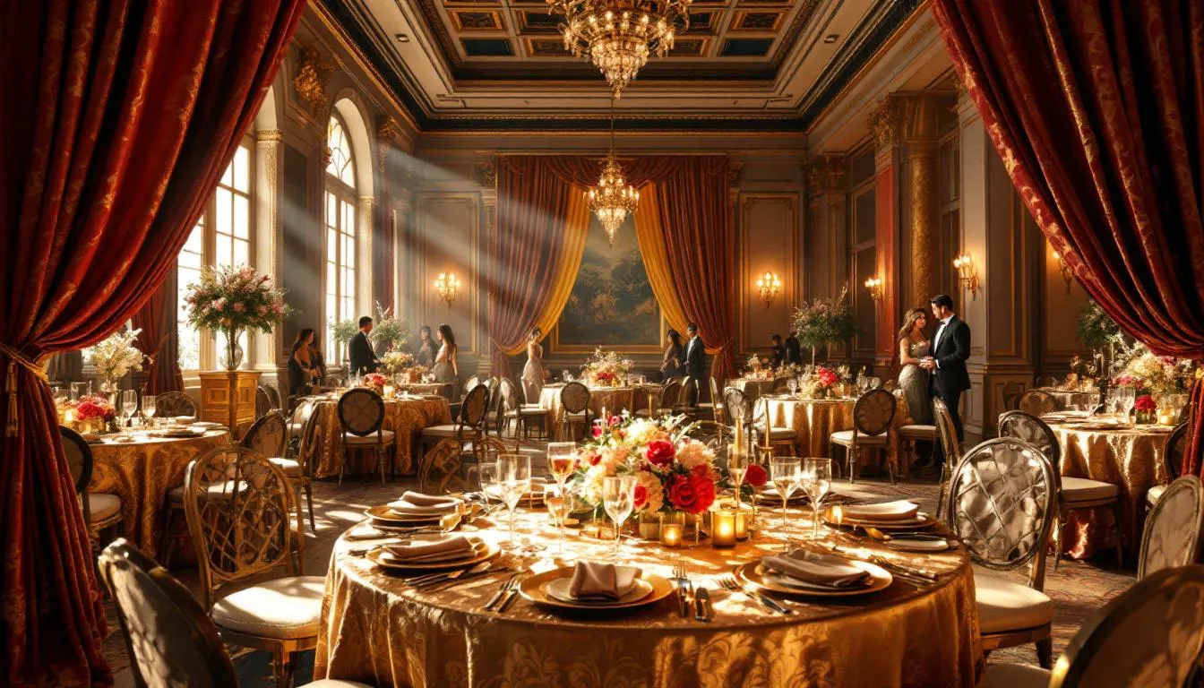 Evento elegante con brocado dorado y decoración
