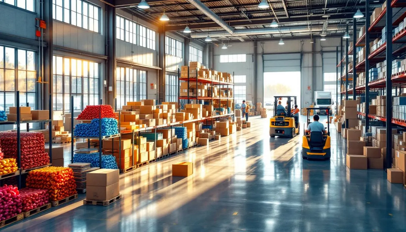 Almacén moderno con clips y logística activa