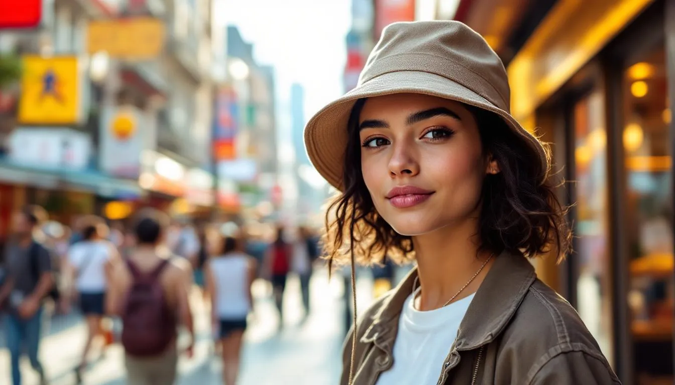 Joven con sombrero en calle urbana