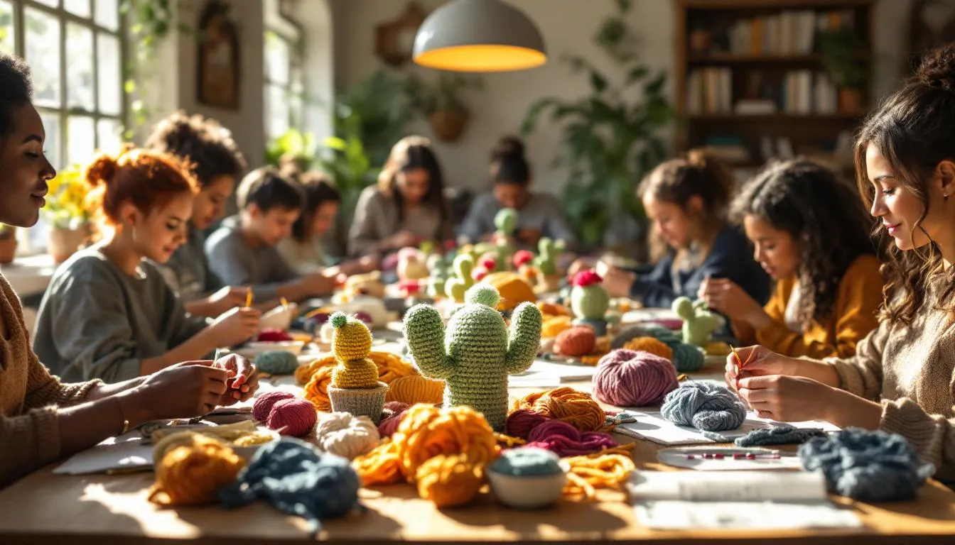 Sala de manualidades con ganchillo y cactus