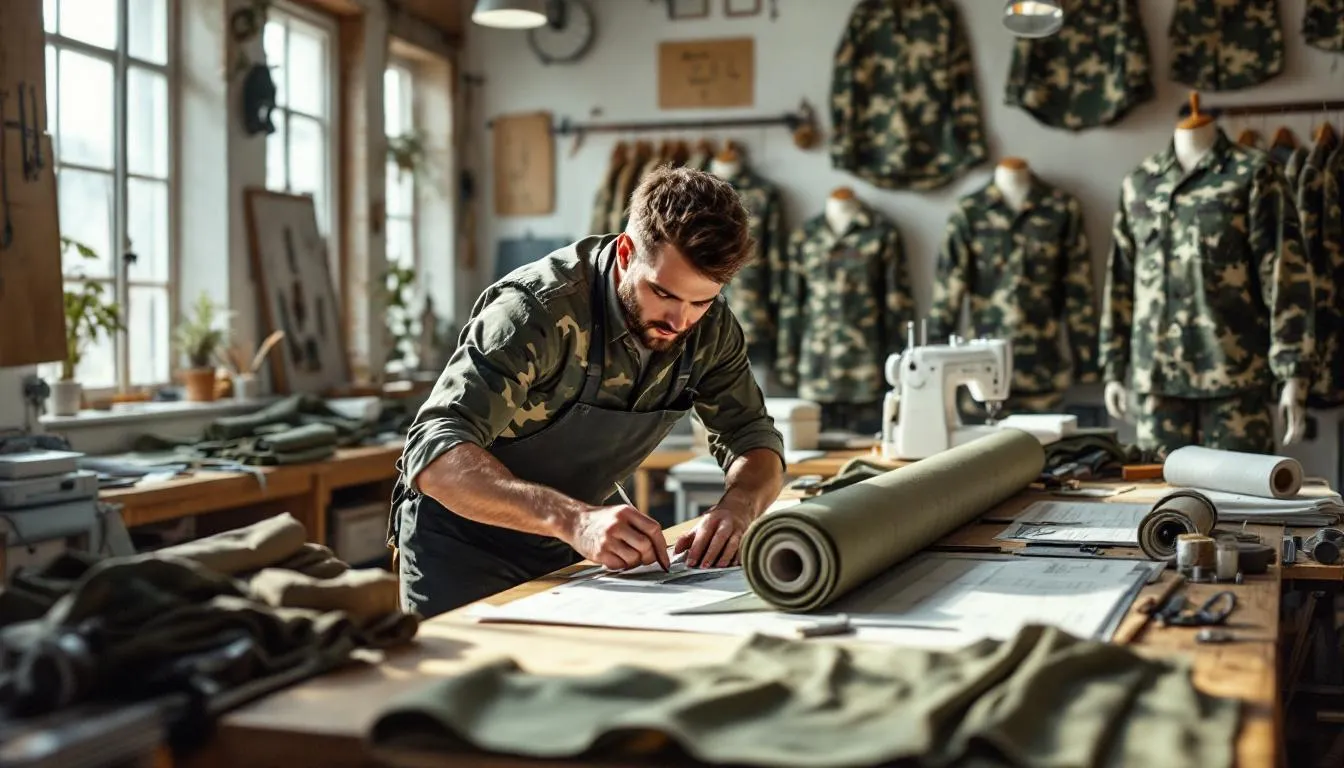 Taller de sastrería militar con telas detalladas