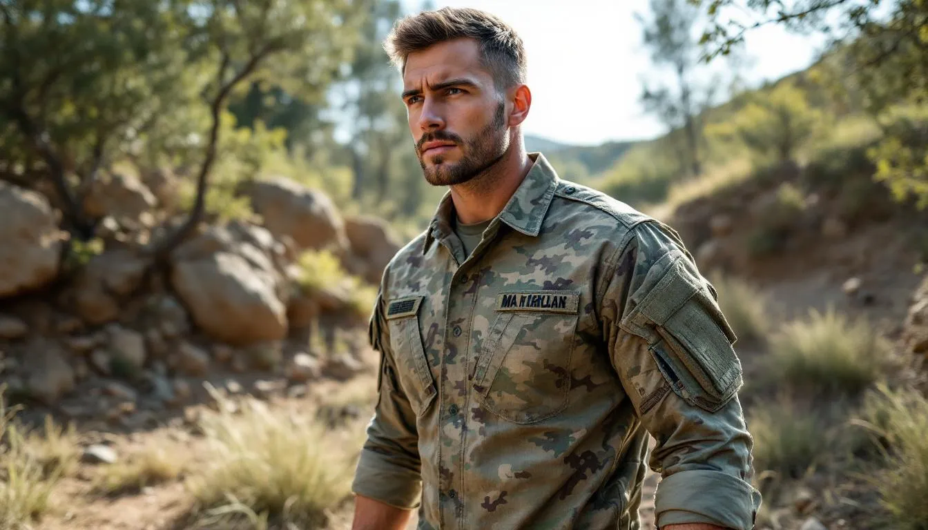Hombre con camisa militar en naturaleza