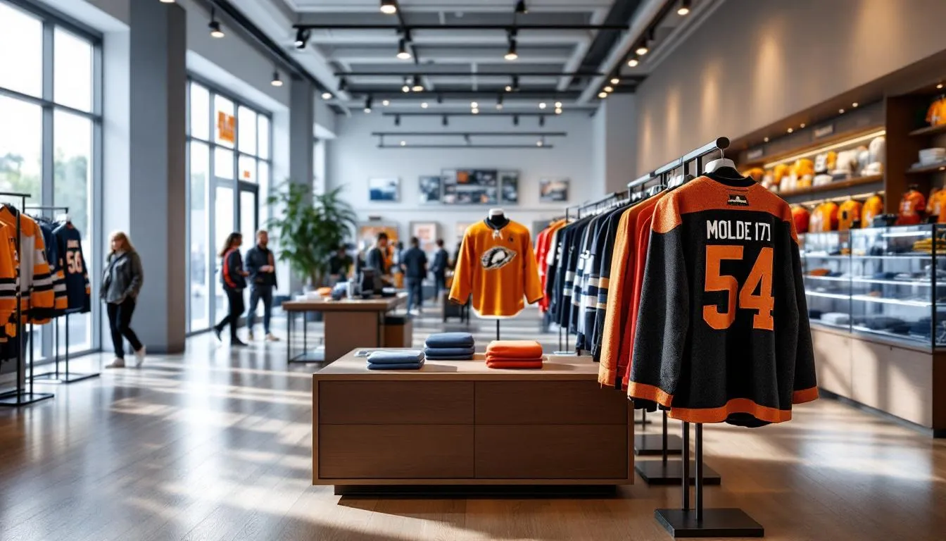 Tienda deportiva moderna con camisetas de hockey