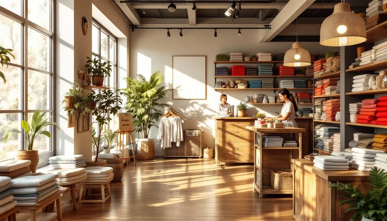 Interior moderno de tienda textil con telas