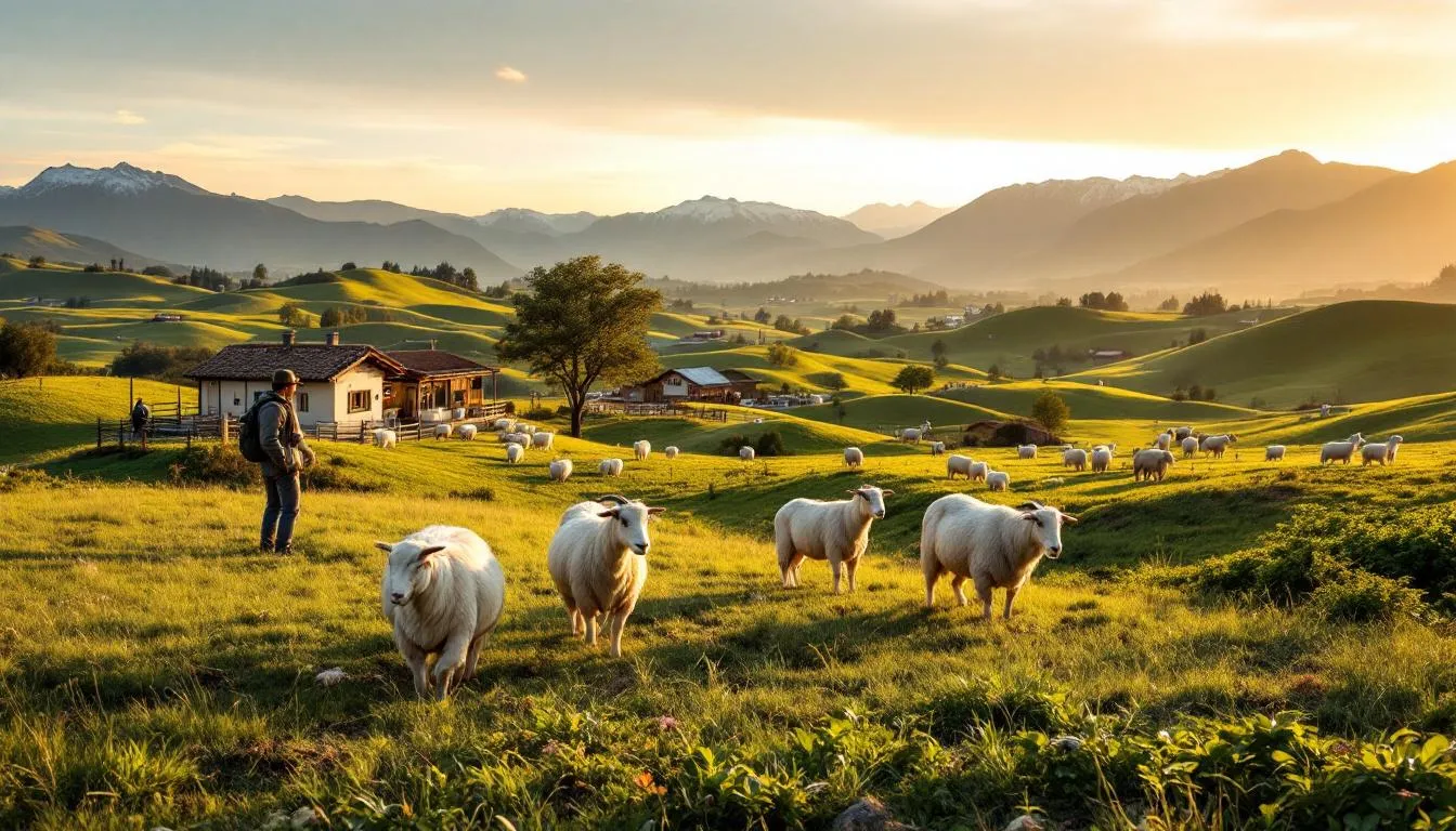 Granja sostenible de cachemira al atardecer