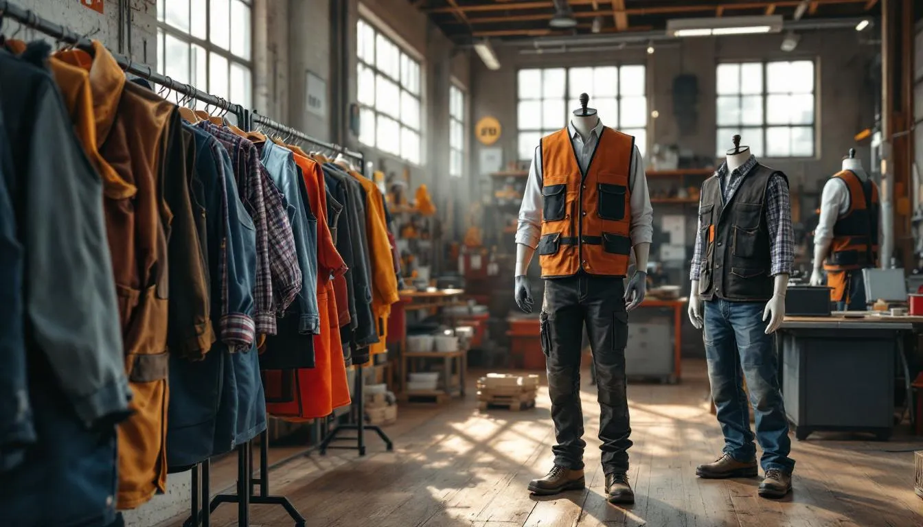 Taller con chalecos de trabajo variados colgados