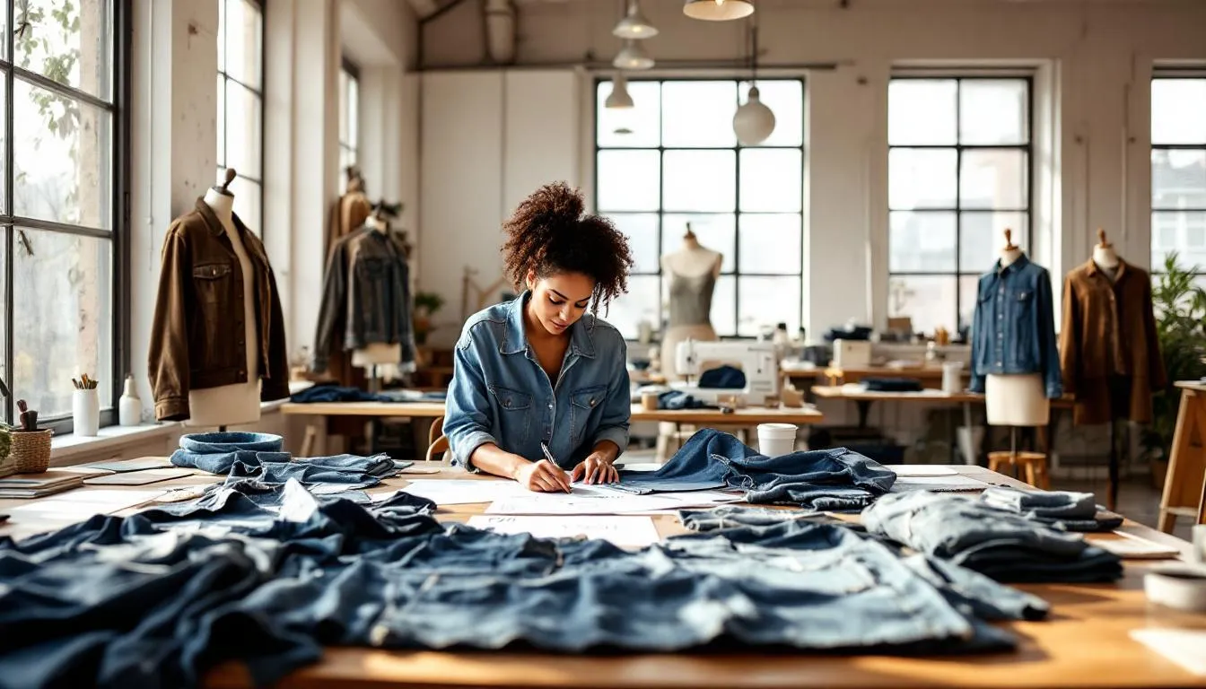 Estudio moderno de costura con chaquetas vaqueras