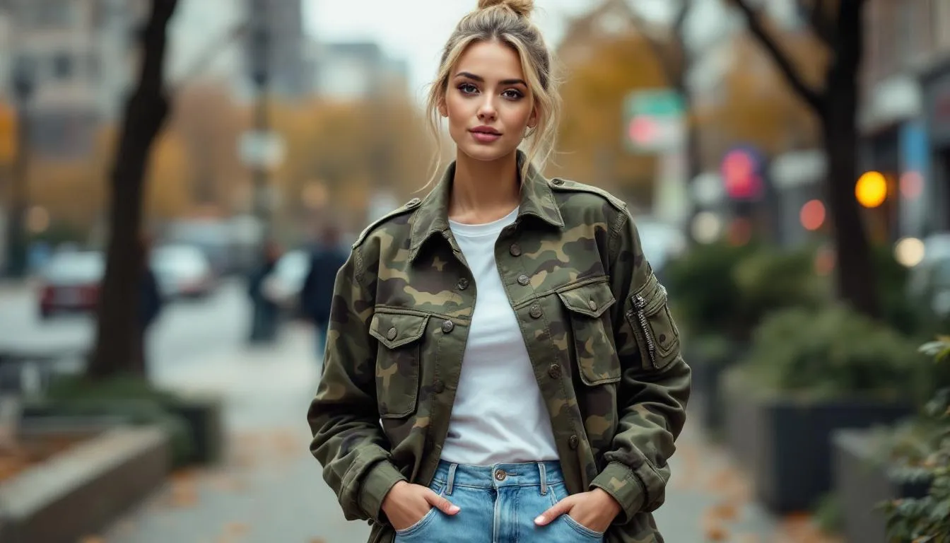 Mujer con chaqueta militar urbana moderna