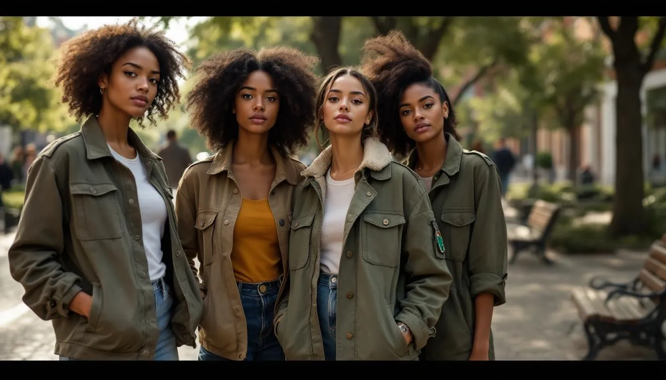 Mujeres diversas con chaquetas militares urbanas