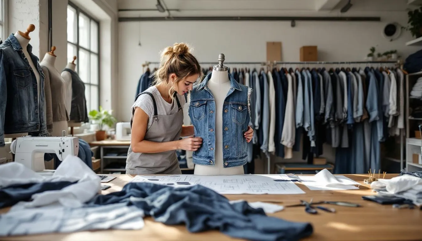 Taller de costura con diseñadora ajustando chaqueta
