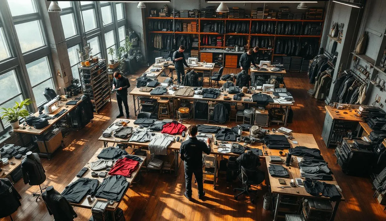 Taller de sastrería con chaquetas tácticas variadas