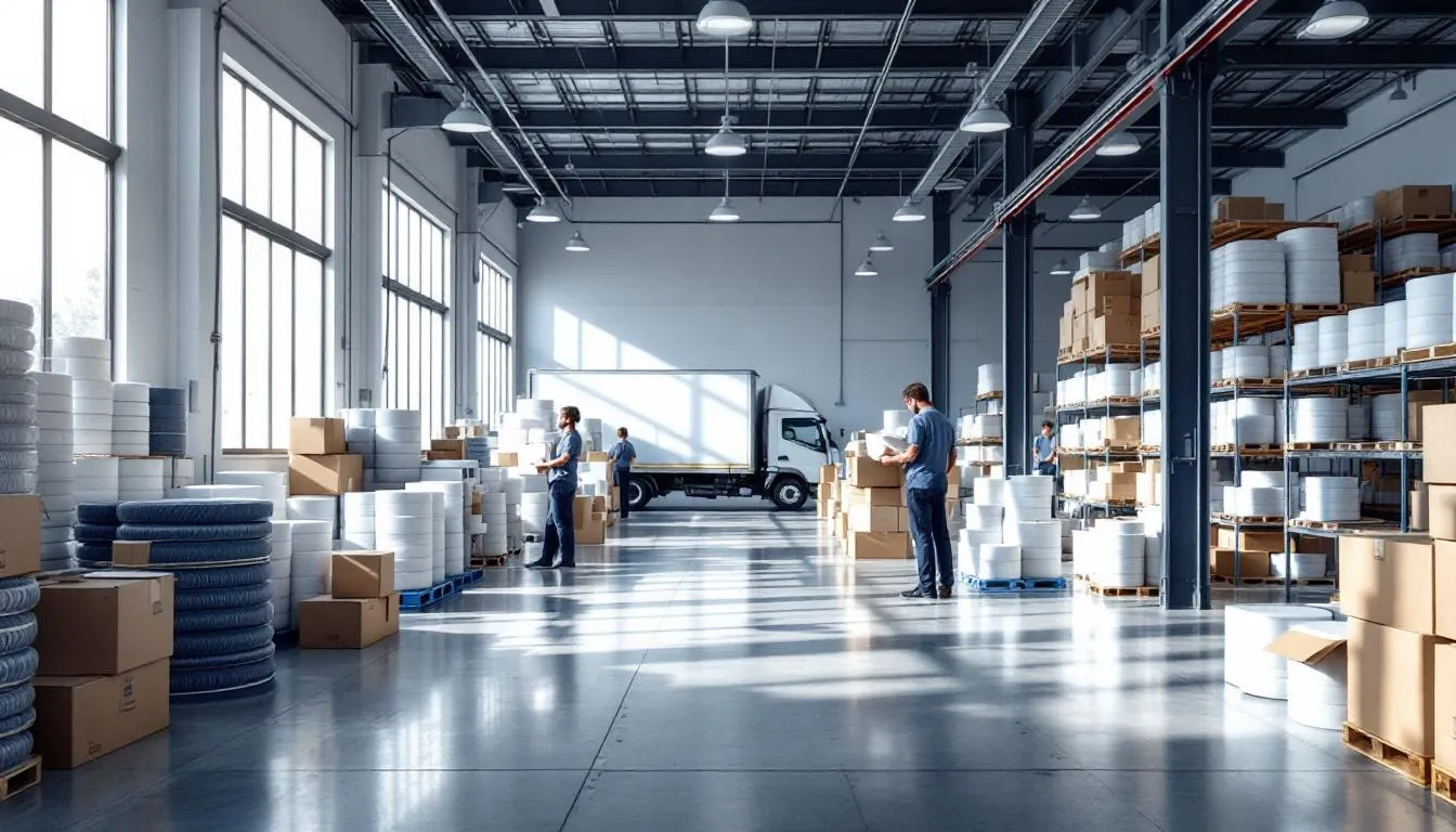 Almacén textil moderno con rollos organizados