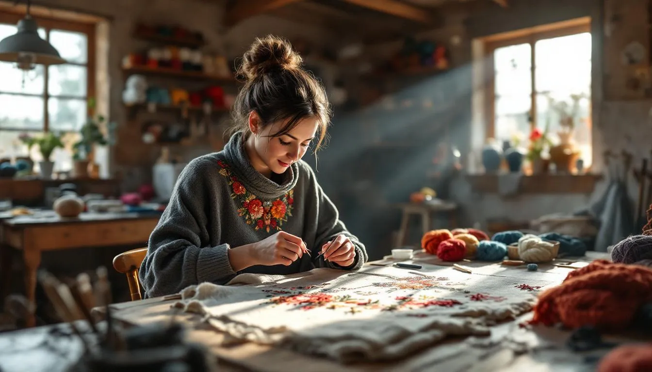 Taller artesanal con bordados de lana de